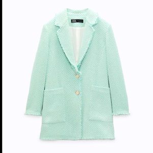 Zara Green & White Frayed Detail Structure Coat